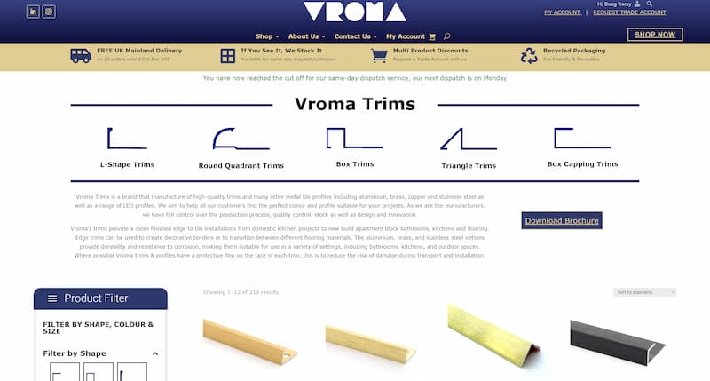 Tile Trims Website Vroma Developed by DT Innovation